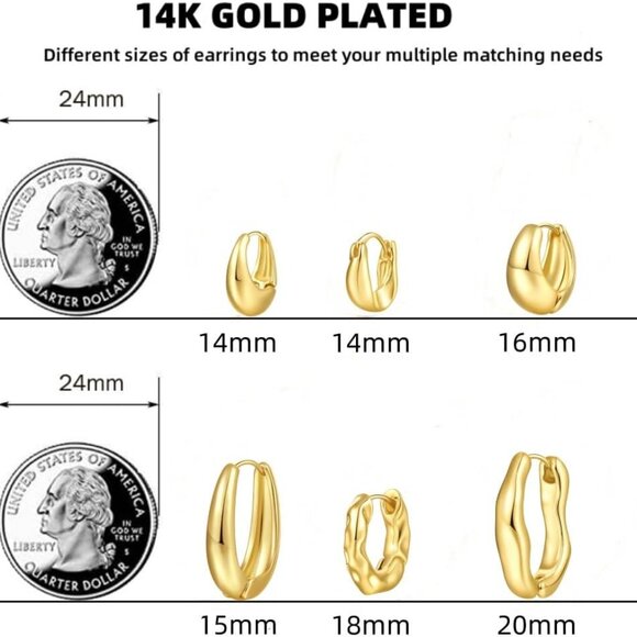 6 Pairs Gold Hoop Earrings Set for Women, 14K Gold Plated Huggie Chunky Earring - Picture 5 of 9